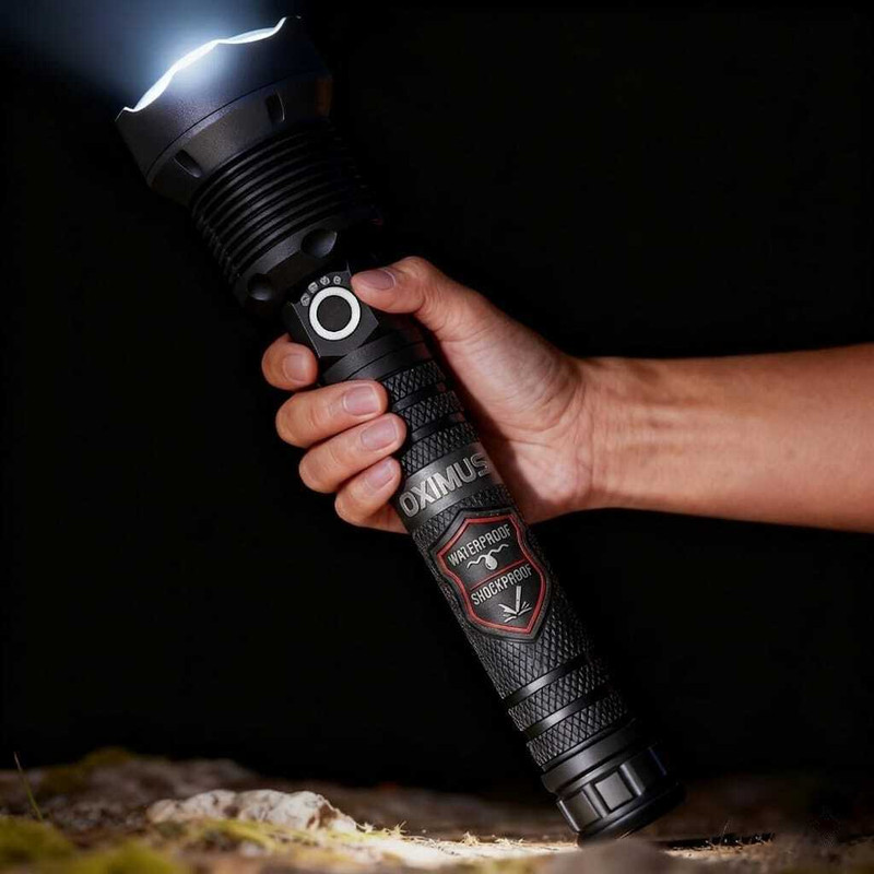 Oximus 90000 High Lumens Tactical Super Bright Flashlight Zoomable 3 Modes Long Lasting Torch(Black, 27 cm, Rechargeable)