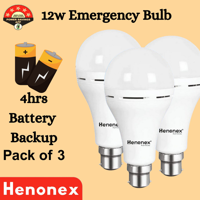 Henonex Bulbs 12W | Set of 3 | Bright White | Low Heat 2 hrs Bulb Emergency Light(White)