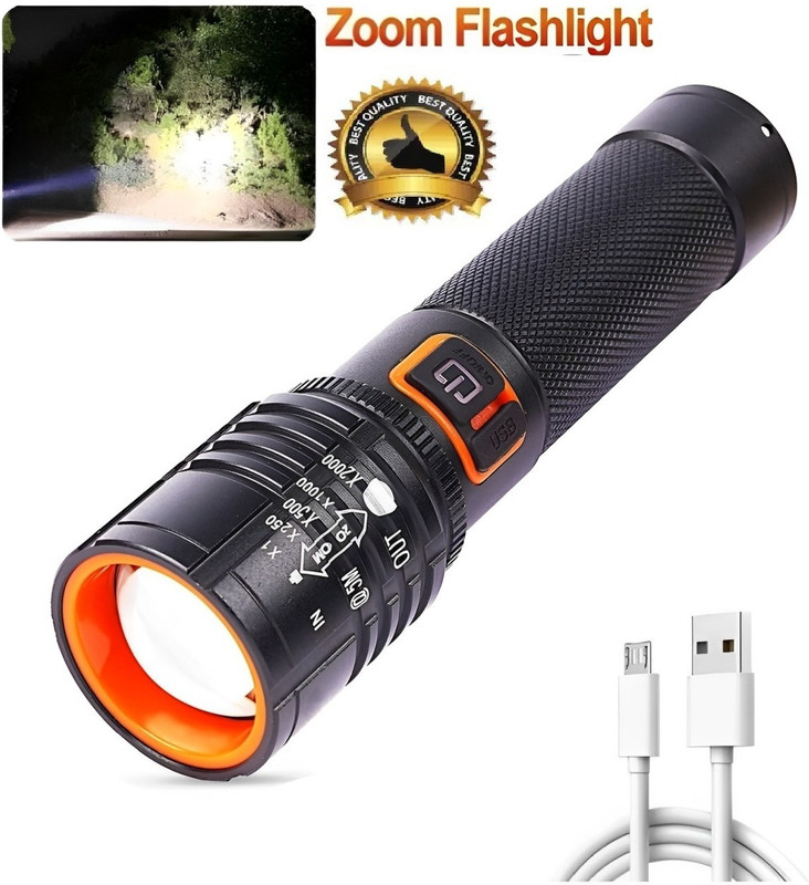 MZ 035 (ZOOMABLE METAL)5 Modes Flashlight, Super Bright Cree T6 LED Light Torch(Black, 13.5 cm, Rechargeable)