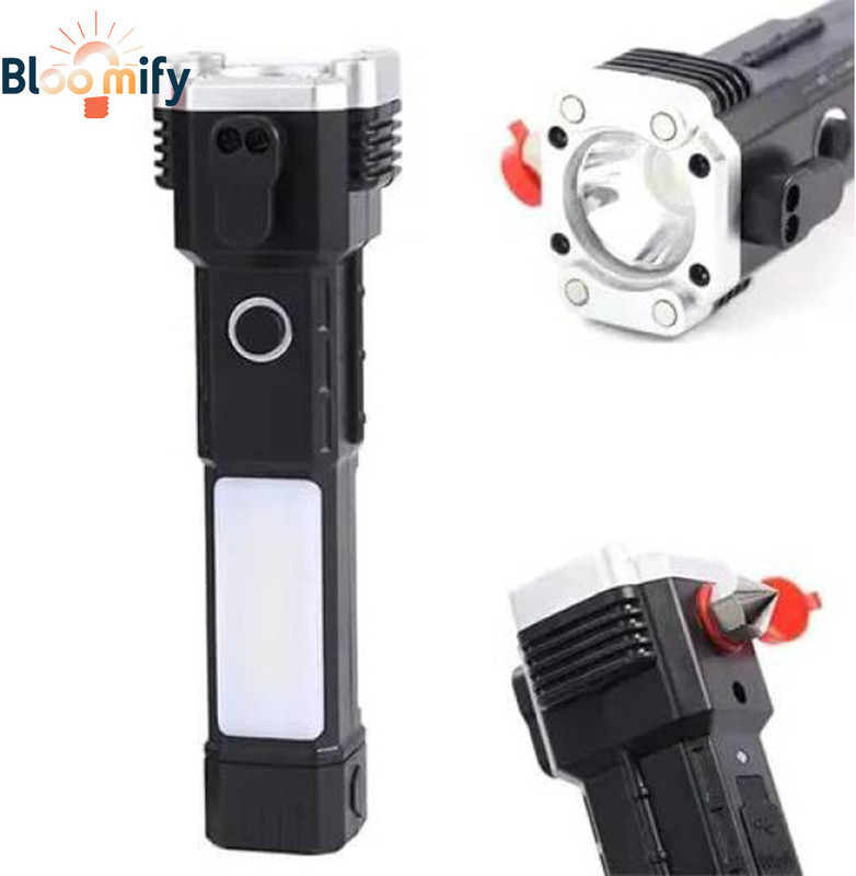 BloomiFy BMT-H66 Rechargeable LED Flashlight with Window Breaker & Seatbelt Cutter 5 hrs Torch Emergency Light(Black)