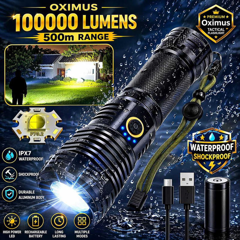 Oximus Rechargeable LED Flashlight High Lumens 5 Modes, medium / Low/ Sos Mode Grip 12 hrs Torch Emergency Light(Black)