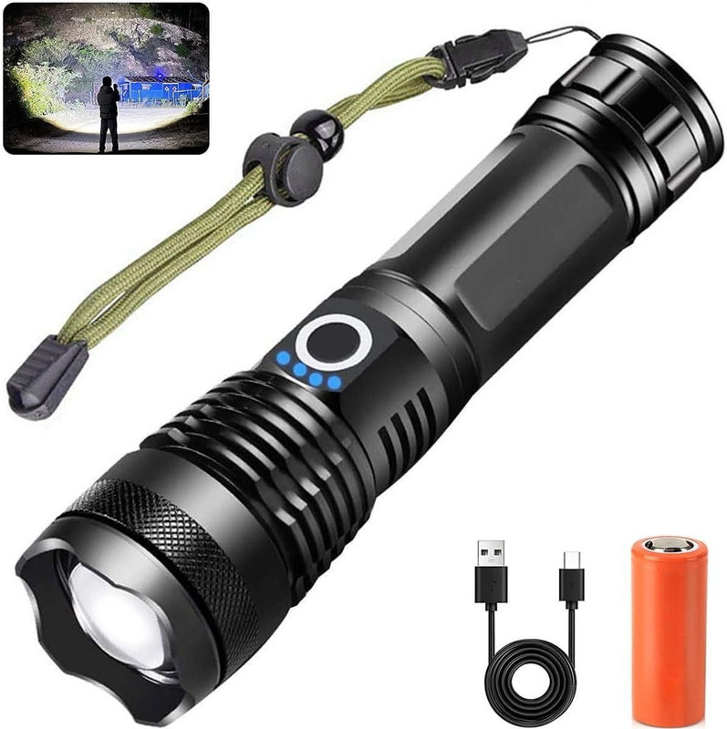 HYMASA Tactical Flashlight,Ultra Bright LED Flashlight with Adjustable Focus and 5 Mode 10 hrs Torch Emergency Light(Black)