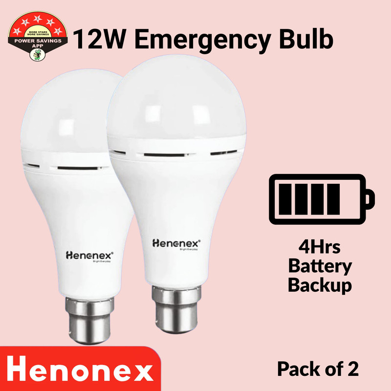 Henonex Pack of 2 – 12W Rechargeable LED Emergency Bulbs with Bright Output 2 hrs Bulb Emergency Light(White)