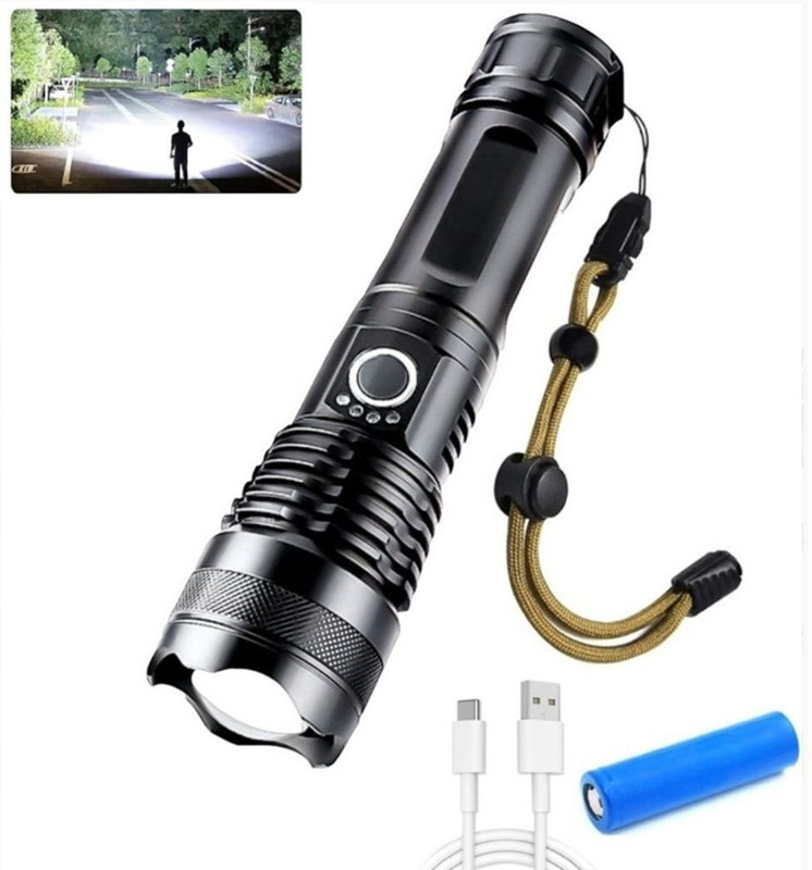 HYMASA 376 Strong Flashlight Type-C Charging Long Battery Life Outdoor Zoom Long- Range 8 hrs Torch Emergency Light(Black)