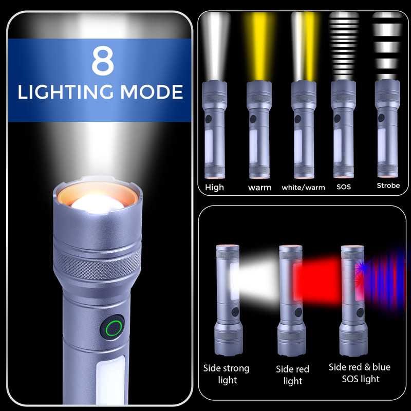 Cinefx Rechargeable Portable LED Torch | 8 Lighting Modes | Type-C Fast Charging 6 hrs Torch Emergency Light(Multicolor)