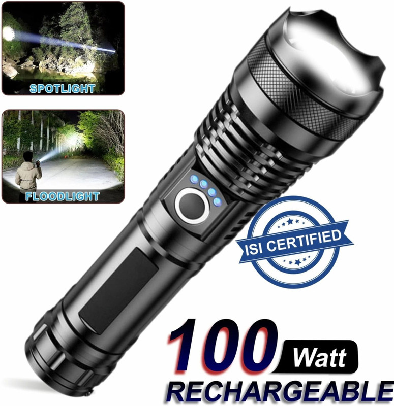 HYMASA Zoomable LED Rechargeable Emergency Light Super Bright 100W Torch(Black, 18 cm, Rechargeable)