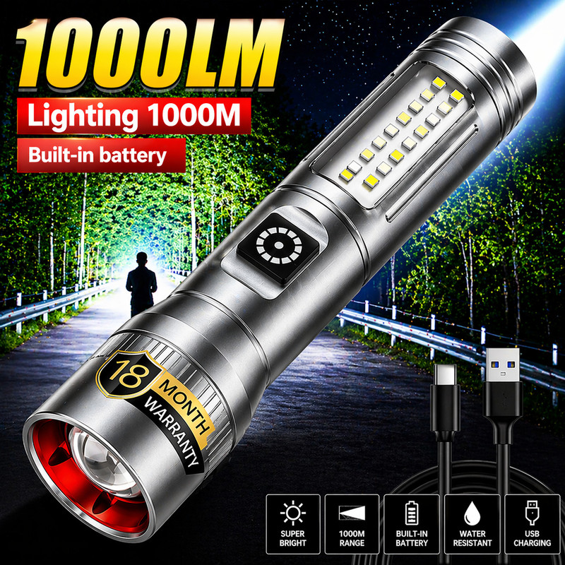 CRENTILA 100W Rechargeable LED Flashlight with Zoom, Type-C Fast Charging, COB Side Light Torch(Grey, 15 cm, Rechargeable)