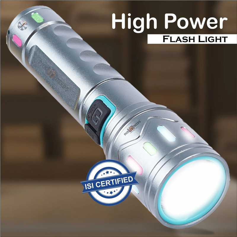 Pick Ur Needs Rechargeable 100W Small Search Metal Torch+3 Brightness Mode+Side RWB COB LED 3 hrs Torch Emergency Light(Black)