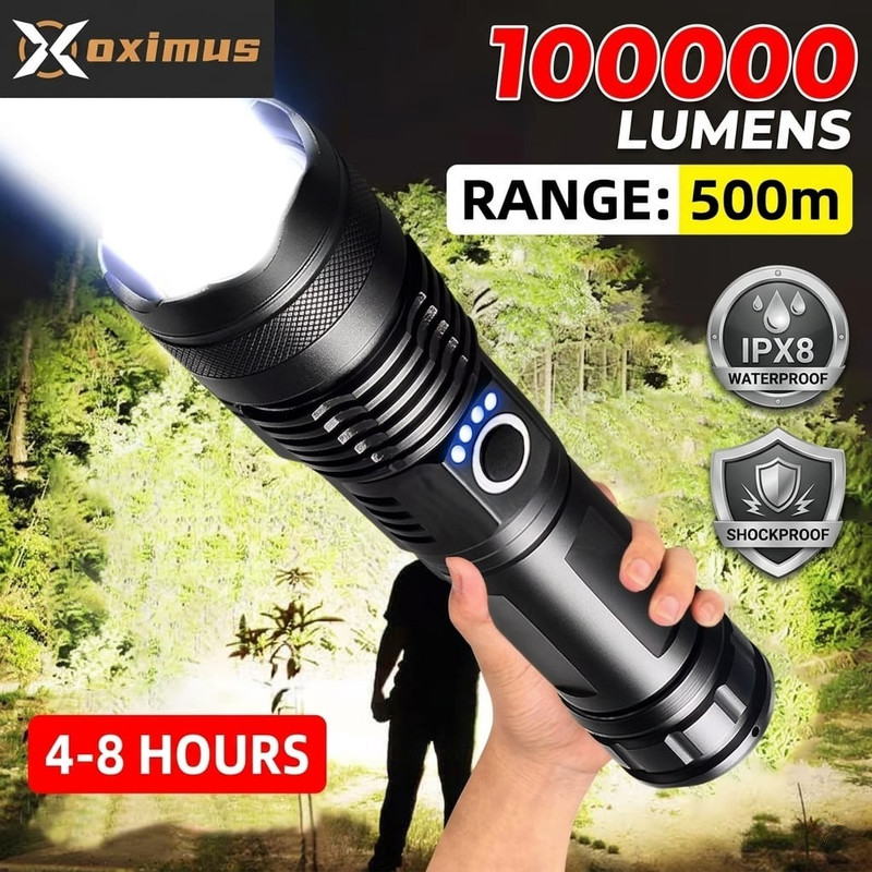 Oximus Super Bright Flash Lights, Zoomable, 5 Modes, Powerful Handheld For Garden 12 hrs Torch Emergency Light(Black)