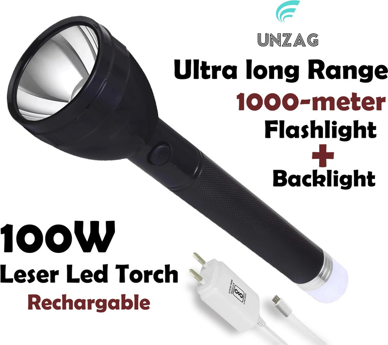 UNZAG Waterproof LED Flashlight Torch Table 200 Meter Long Range Laser LED Bright 2 hrs Flood Lamp Emergency Light(Black)