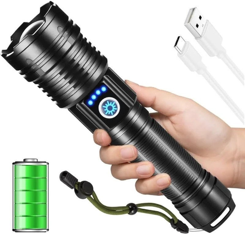 Zeno volt 20000 Lumens Rechargeable LED Flashlight with 5 Lighting Modes, Zoomable, Torch(Black, 20 cm, Rechargeable)