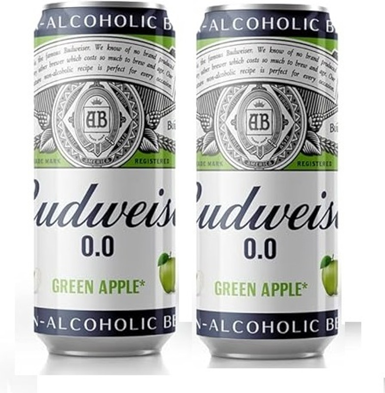 Budweiser 0.0 Non alcoholic Green Apple Can 330ml (Pack of 2) Hydration Drink(2x330 ml, green apple Flavored)