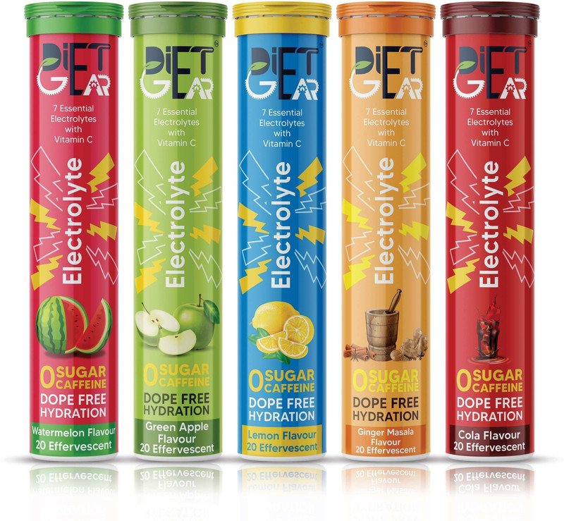 DIET GEAR Electrolytes Effervescent, Zero Sugar, Zero Caffeine, Pre & Post Workout Energy Hydration Drink(5x20 Tablets, Lemon, Green Apple, Cola, Watermelon, Ginger Masala Flavored)