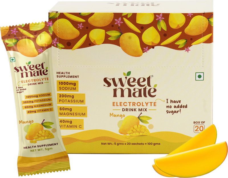 Sweetmate Sugar-Free Mango Electrolyte Drink Mix | Stevia | 10x Hydration Boost Hydration Drink(20 Sachets, Mango Flavored)