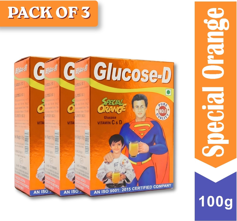 Glucose-D Special Orange Powder | Instant Energy with Vitamin C & D3 | Sports Drink(3x100 g, Orange Flavored)