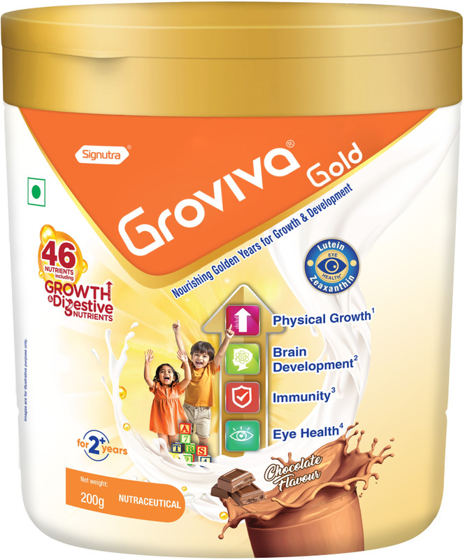 groviva Gold Protein Powder for Kids| 46 Key Nutrients | Supports Growth & Eye Health Nutrition Drink(200 g, Chocolate Flavored)