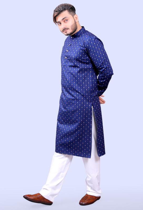 Tibra Collection Men Woven Design Straight Kurta(Blue, Gold)