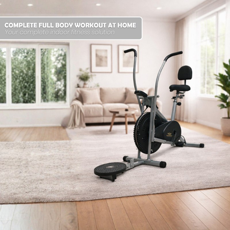 BLESSFIT Exercise Bike Dual Action Moving Handle Cardio Cycle with Meter & Backrest Dual-Action Stationary Exercise Bike(Black)