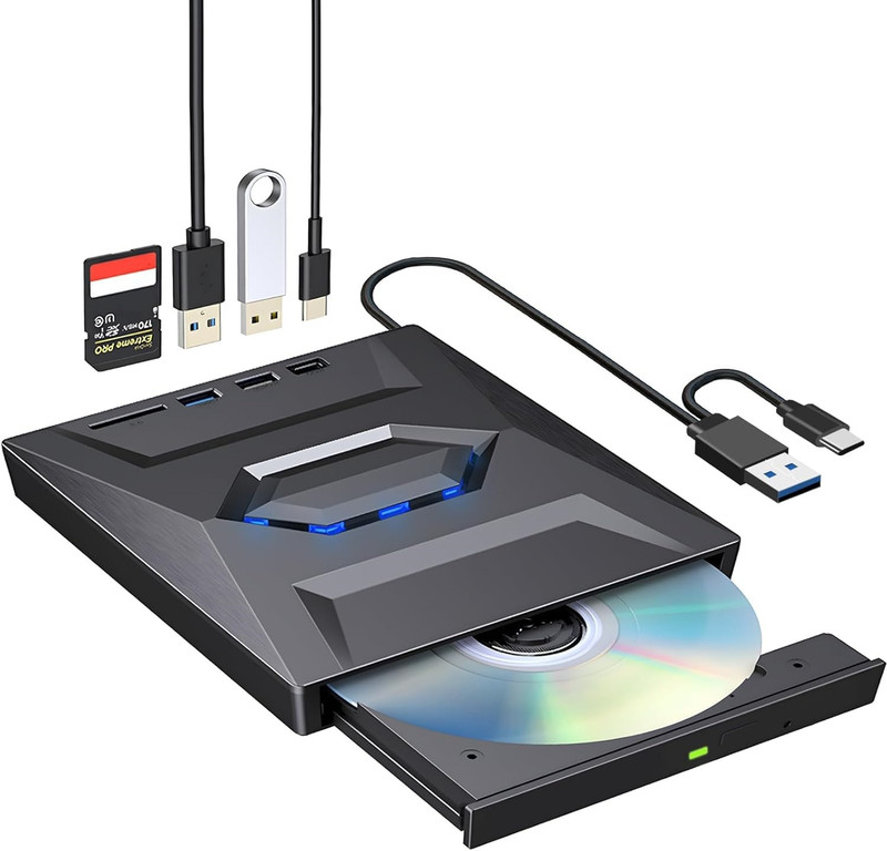 LipiWorld External CD DVD Drive with USB 3.0/2.0/Type-C Ports and SD Card Slot External DVD Writer(Black)
