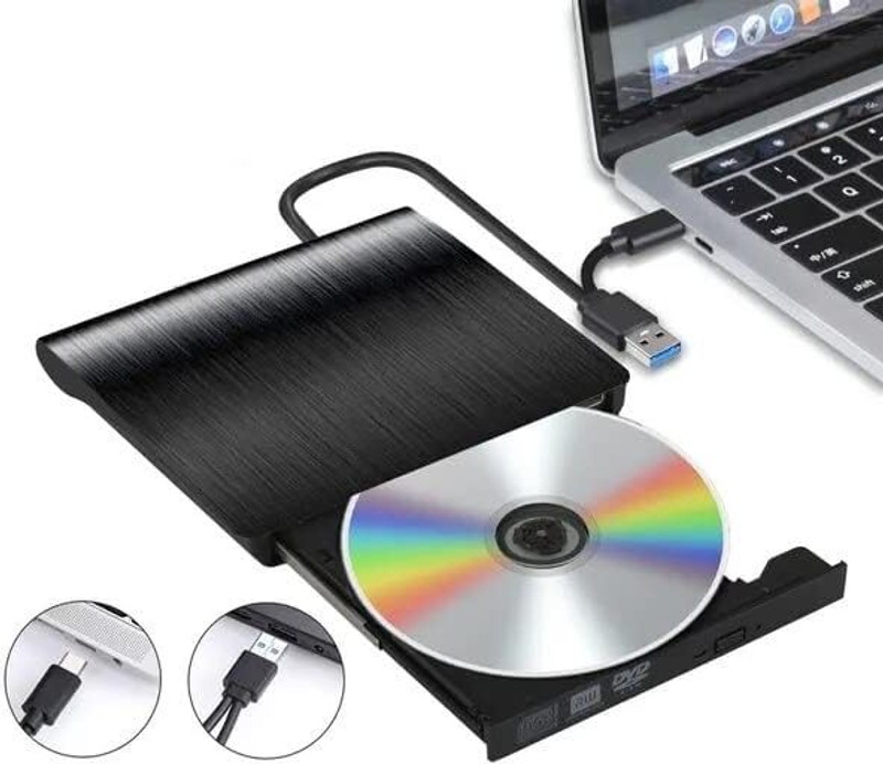 wefiy External USB & Type C CD DVD Drive USB 3.0 & Type C Dual Port Portable Slim External DVD Writer(Black)