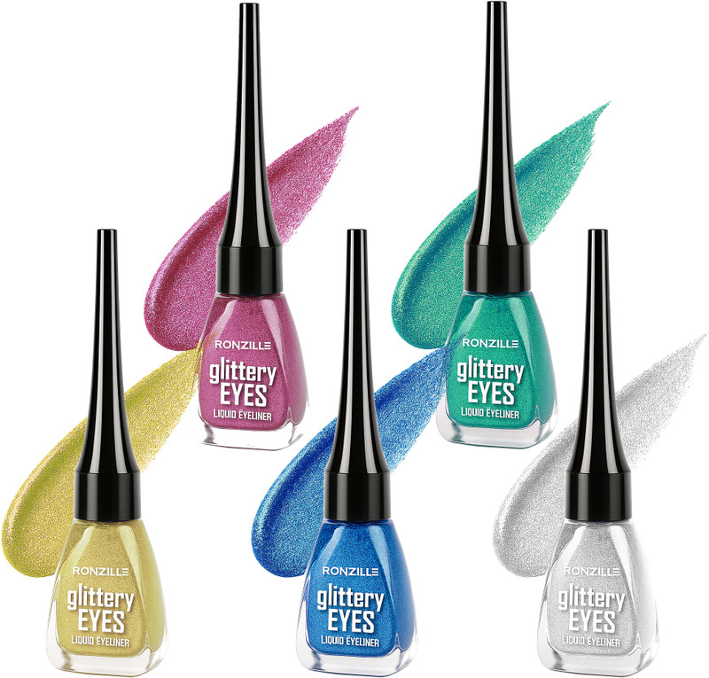 RONZILLE Combo of 5 Waterproof shimmer Metallic Glitter Eyeliner ( Blue,Green,Gold,Pink,Silver) 25 ml(Blue, Pink, Silver, Green, Golden)