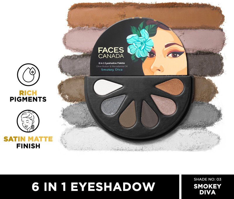 FACES CANADA 6 in 1 Eyeshadow Palette| Highly Pigmented| Silky Satin Texture| Cruelty-Free 6 g(Smokey Diva 03)