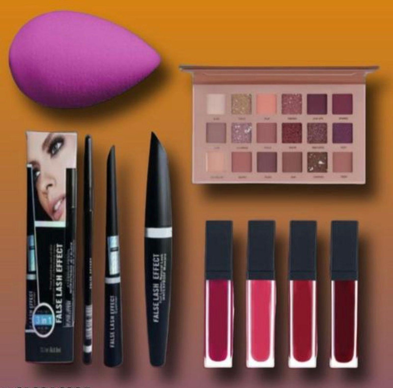 glamblush Nude eyeshadow 18 shades , mascara 3 in 1 , red mini lipstick , loose puff 20 g(MULTICOLOUR)