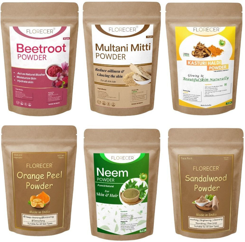 FLORECER Kasturi Haldi,Neem,Orange Peel,Multani Mitti,Beetroot,Sandalwood Powder For Skin(300 g)