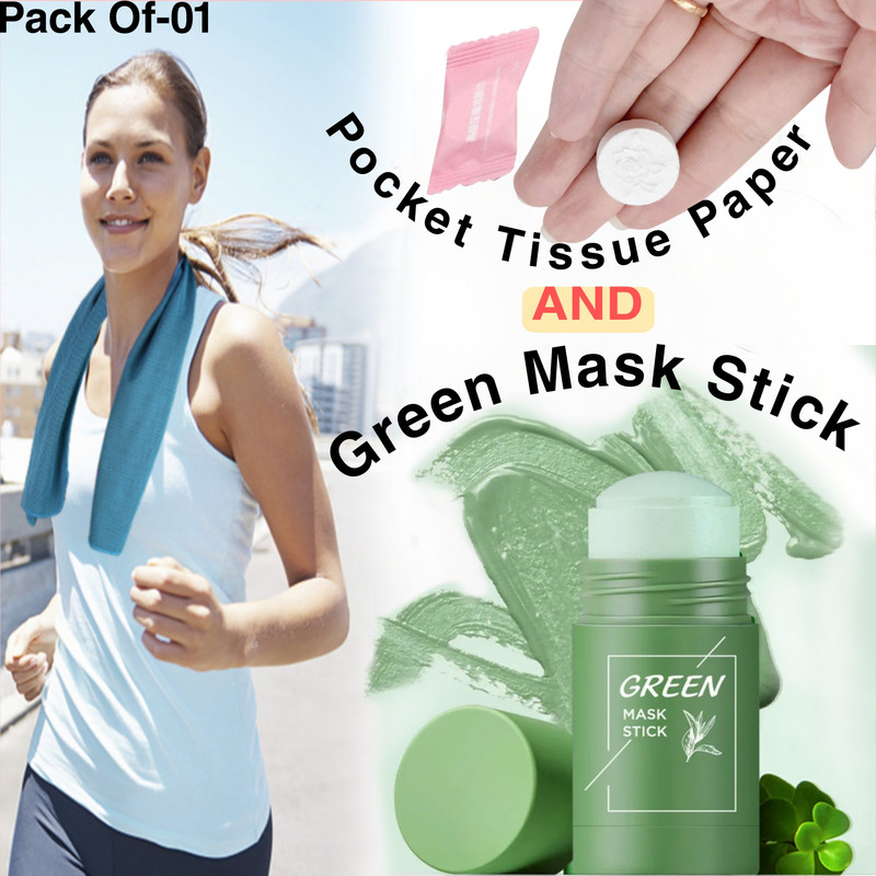 POWERFEEL Green Mask Stick (40gm) Green Tea.And Pocket Tissue Paper Face Shaping Mask