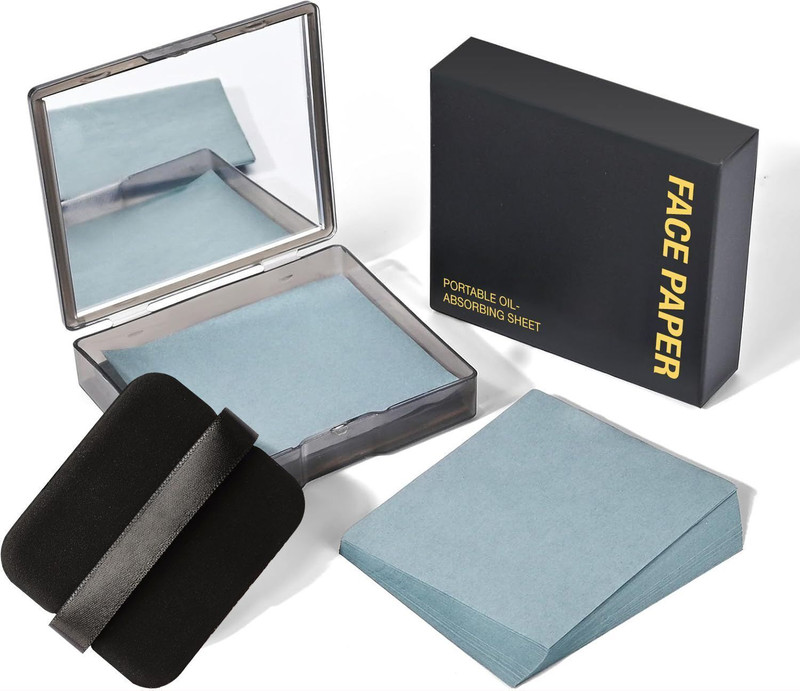 Egab 100 Pcs Face Blotting Paper for Oily Skin with Built-in Mirror & Powder Puff Pad Face Shaping Mask