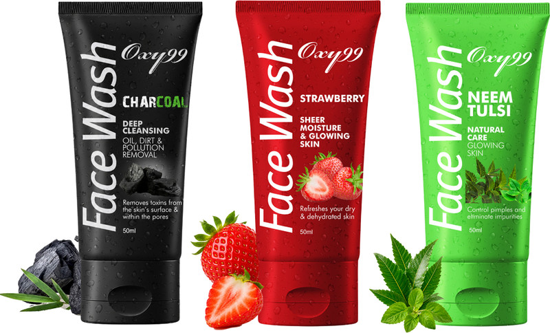 OXY99 Charcoal, Strawberry & Neem Tulsi Combo 50ml x 3 Face Wash(150 ml)