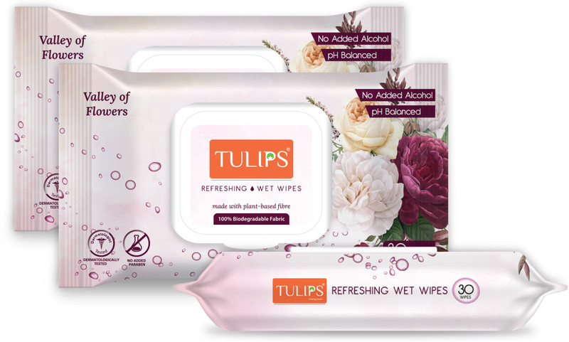Tulips Refreshing Wet Wipes Valley of Flowers 100% biodegradable, 30 Wipes(3 Tissues)