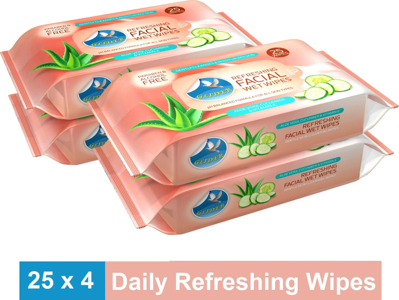 GLIDER Facial Wipes Enriched with Aloe Vera,Cucumber & Vitamin E |Pack of 5 | 125 Wipes(125 Tissues)