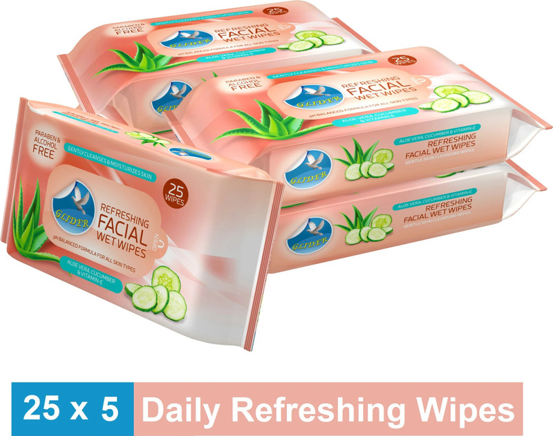GLIDER Facial Wipes Enriched with Aloe Vera,Cucumber & Vitamin E |Pack of 5 | 125 Wipes(125 Tissues)