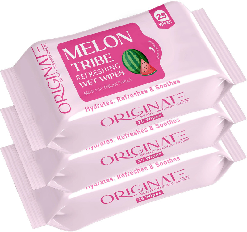ORIGINATE Melon Tribe Refreshing Wet Wipes for Easy Makeup, Excess Oil Removal-Pack of 3(75 Tissues)