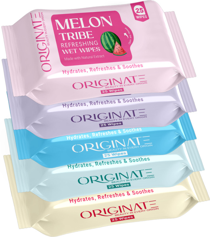ORIGINATE Assorted Refreshing Wet Wipes for Easy Makeup & Excess Oil Removal - Pack of 5(125 Tissues)