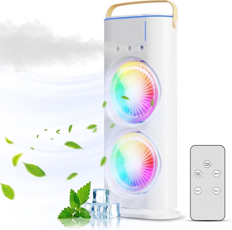 Coolmist Mini Double Mist Air Cooler Fan | 3-Speed USB Rechargeable Summer Cooler 5.2 GHz AM2 2 Core Processor Designed for Workstation(White)