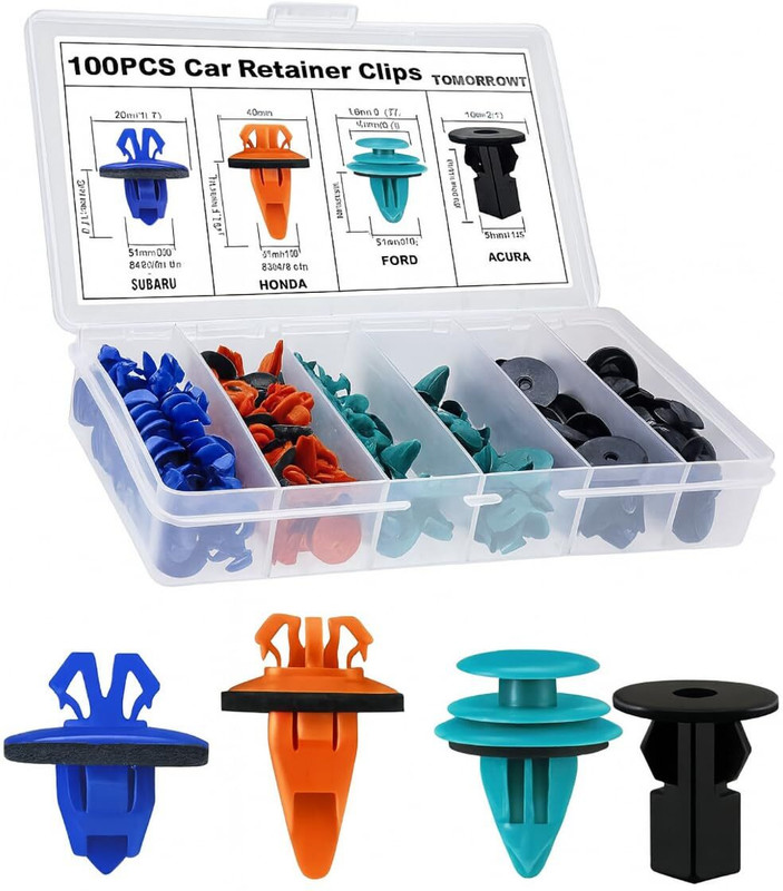 SUNNIFA 100 Pcs Universal Push Type Fastener Set for Car Door, Bumper, Dashboard Panels Fastener(Interior & Exterior, Car Retainer Clips with Sponge Cushion and Storage Box)