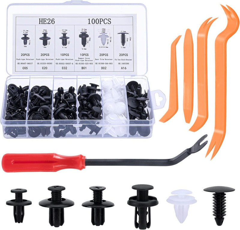 SUNNIFA Universal Car Door Trim Panel Clip Removal Tool Kits Fastener(Car Bumper Clip Set with 100 PCS Rivets & Trim Removal Tool, Interior & Exterior)