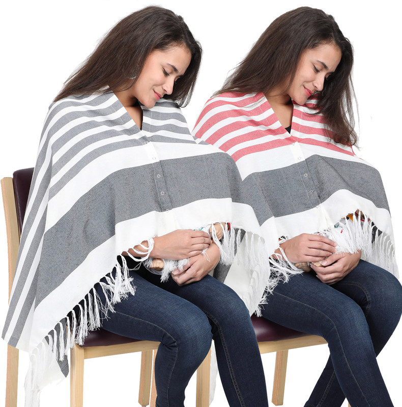 Lula Mom Breast Feeding Shawl, Stripes Grey & Red Pack Of 2 Feeding Cloak(Grey & Red)