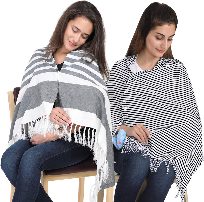 Lula Mom Breast Feeding Nursing Striped Shawl -Pack of 2 Feeding Cloak(Navy & Black)