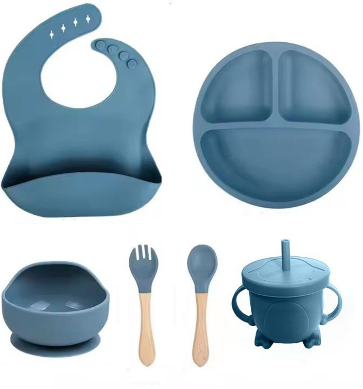 crega Baby Feeding Set – Suction Plate, Bowl, Bib, Spoon, Fork & Cup – BPA-Free Feeding Cloak(Blue)