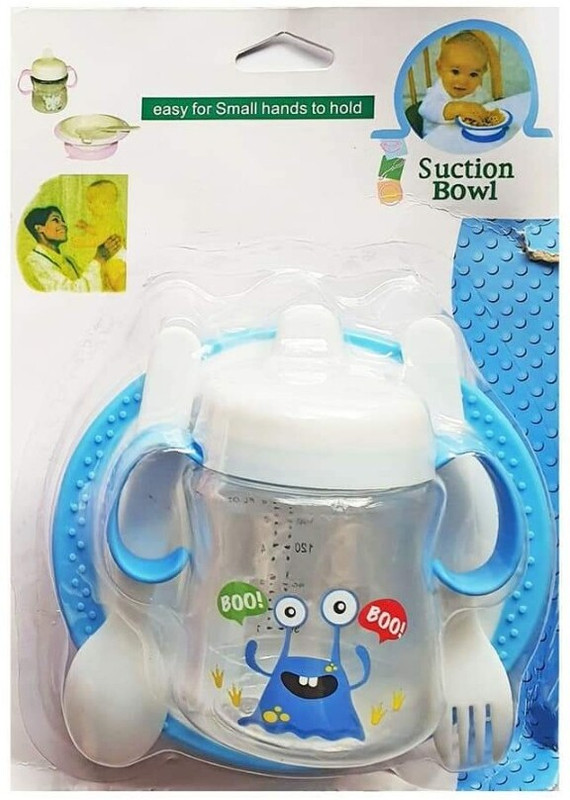 DEEPTECH EXPERTISE Baby Feeding Bowl Set | Suction Base Bowl with Sippy Cup, Spoon & Fork Feeding Cloak(Blue, White)
