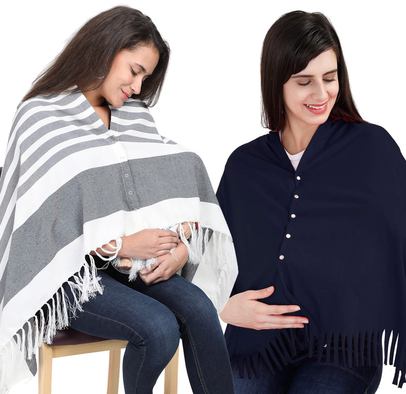 Lula Mom Lulamom Multi-Purpose Breast Feeding Nursing Shawl - Pack of 2 Feeding Cloak(Grey Stripes & Navy Solid)