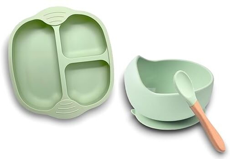 JDSSALES Silicone Baby Food Dish and Bowl with Wooden Handle Spoon,(Green 3 PCS Set)  - Silicone(Green)