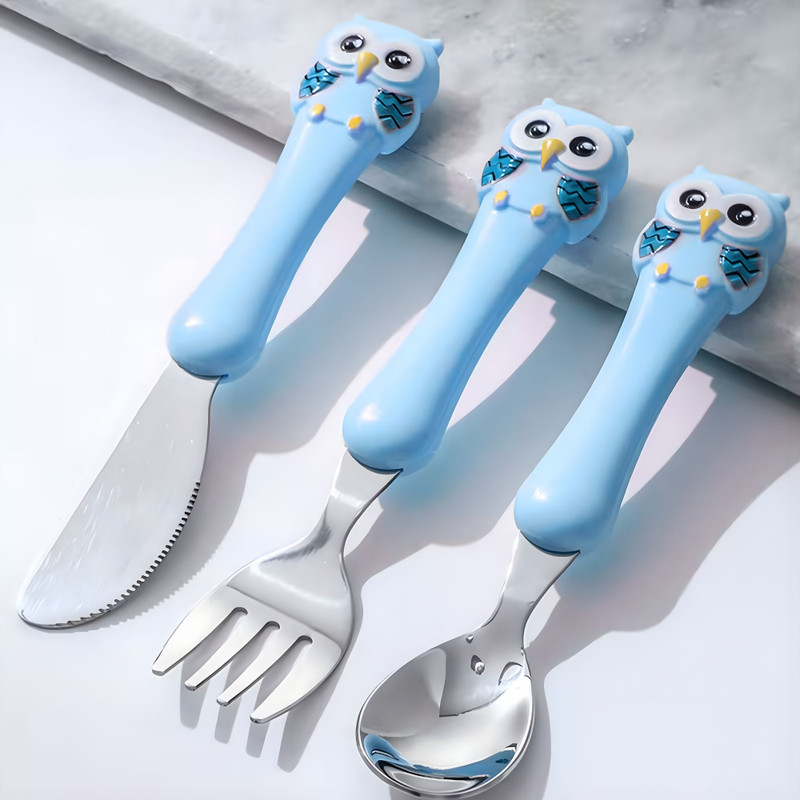 HIan Kids Feeding Spoons Set with Carry Case,Bird Design Handle  - 304 Stainless Steel(Blue Color)