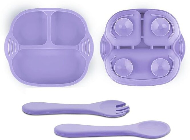 TONY STARK Combo of Silicone Suction Plate, Silicone Spoon & Fork For Baby Feeding  - Pack of 3 Baby Dinner Set, Silicone(Lavender)