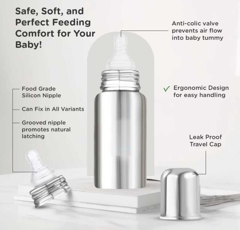 Goodies Outlet Stainless Steel Baby Feeding Bottle with Cleaning Brush, Finger Toothbrush & Bib(Silver)
