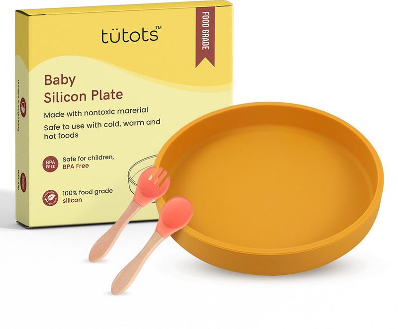 tutots Silicone Feeding Plate, Spoon and Fork BPA Free, PVC Free  - Silicone(Yellow, Orange)
