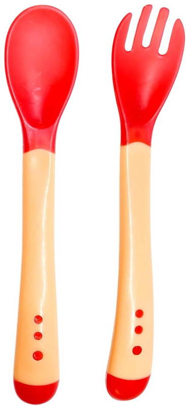 BABY BLOCKS Heat Sensitive Baby Feeding Spoon & Fork|Food Grade|Color changing Tip|Pack of 2 - Silicone(Red)